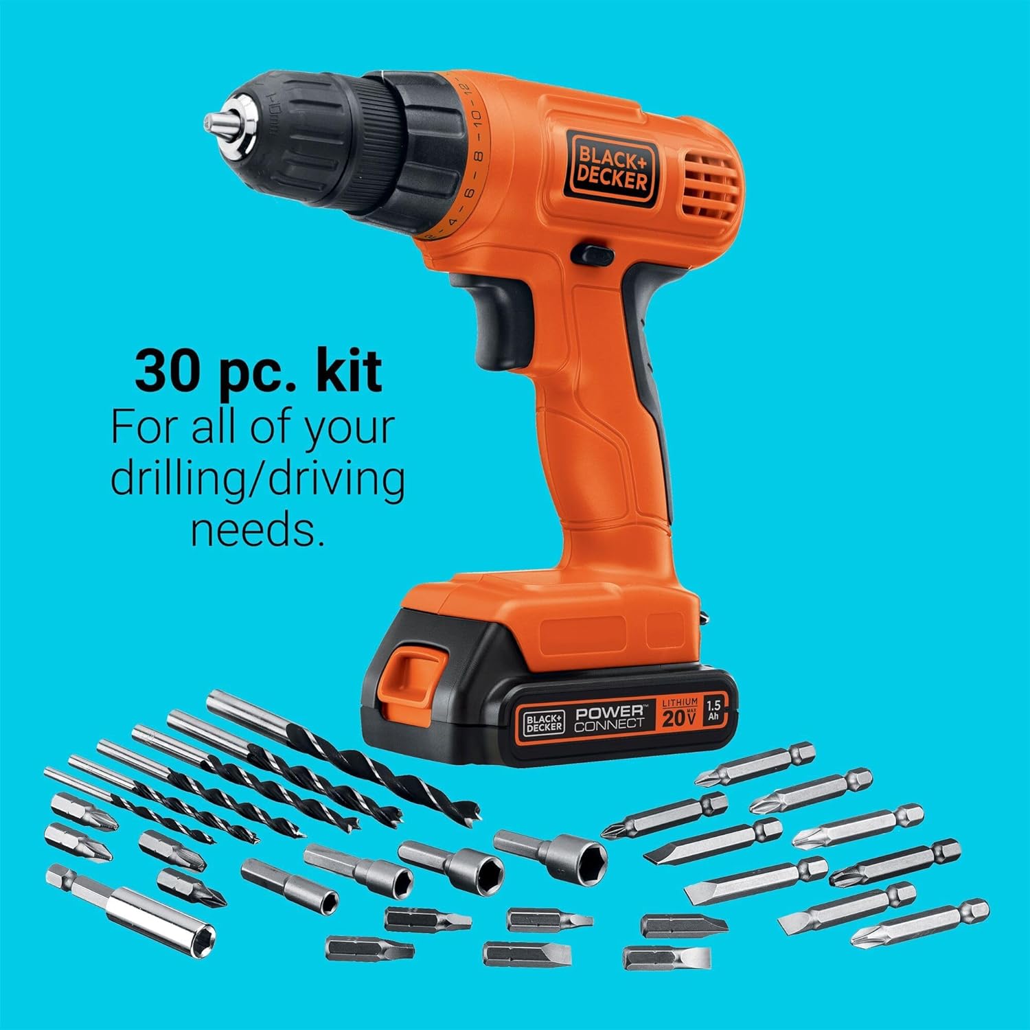 BLACK+DECKER 20V MAX POWERECONNECT Cordless Drill/Driver + 30 Piece Bits and Drivers Kit (LD120VA)