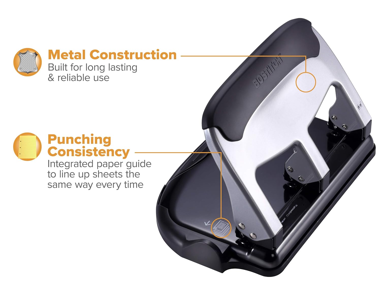 Bostitch Office EZ Squeeze Heavy Duty 3 Hole Punch, 40-Sheet Capacity, Use Less Force, Perfect for Home Office School Supplies, Sleek Design, Silver