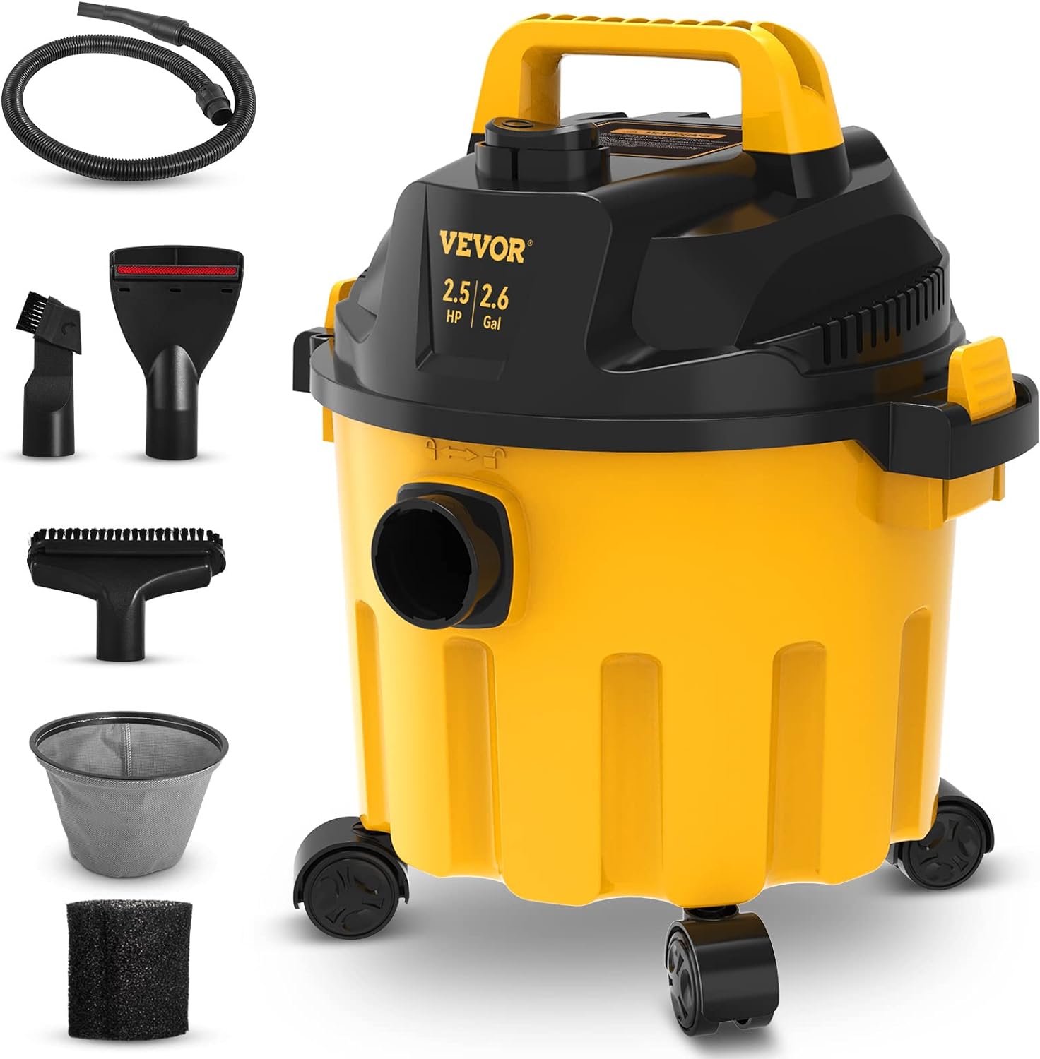 VEVOR Wet Dry Vac, 2.6 Gallon, 2.5 Peak HP, 3 in 1 Portable Shop Vacuum with Blowing Function, Attachments Storage, Perfect for Cleaning Floor, Upholstery, Gap, Car, Black/Yellow, ETL Listed